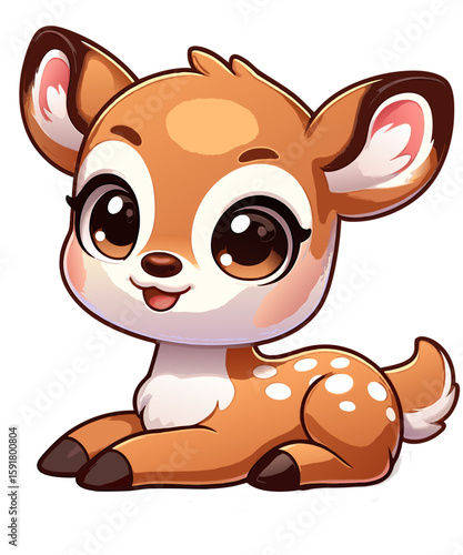 Adorable cartoon baby deer with big brown eyes, white spots, and sweet smile, perfect for kids, nursery, woodland, and animal-themed illustrations or decor