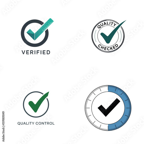 Quality control and verified check mark icons in various designs  