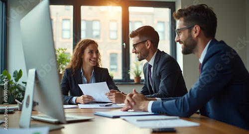 Business Professionals Collaborating in Modern Boardroom: High-Resolution Stock Image of Teamwork, Insights Sharing, and Task Coordination in Natural Light with Empty Space