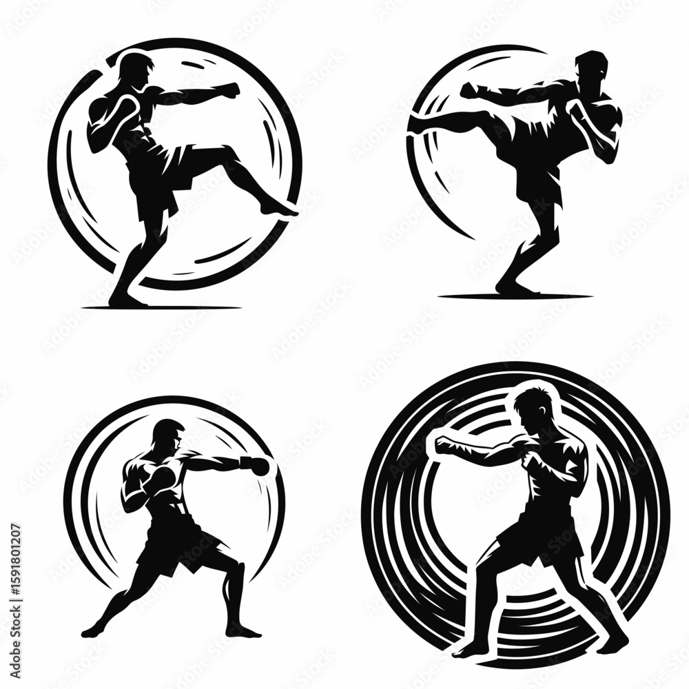 Fototapeta premium A Muay Thai fighter roundhouse. Sports Activity Playing Game Athlete Competition Clipart Line Art Vector Illustration. Kickboxing combatant turning kick boxing martial blow.