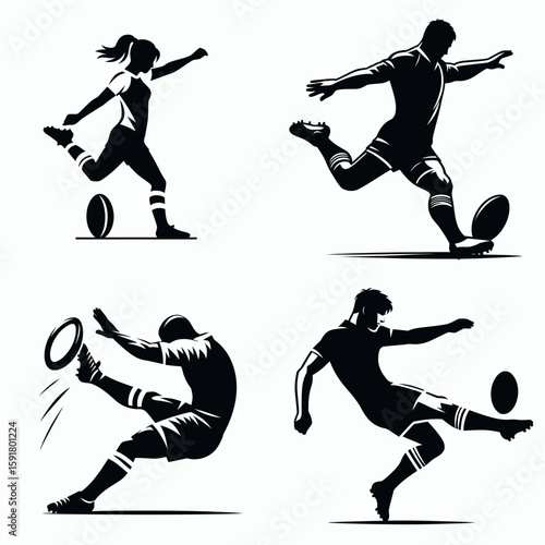 A Rugby player box kick. Sports Activity Playing Game Athlete Competition Clipart Line Art Vector Illustration. An propels ball high using foot in kicking tactic.