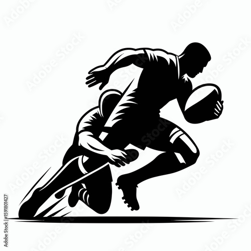 A Rugby player tackle break. Sports Activity Playing Game Athlete Competition Clipart Line Art Vector Illustration. tough avoids collision forceful running motion.