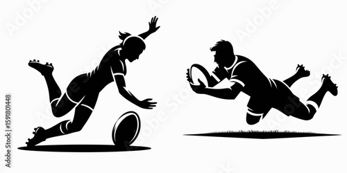 A Rugby player try dive. Sports Activity Playing Game Athlete Competition Clipart Line Art Vector Illustration. scoring action leaping plunge for point.