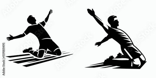 A Soccer celebrant knee slide. Sports Activity Playing Game Athlete Competition Clipart Line Art Vector Illustration. Sport victory action ground move showing jubilation footballer motion.