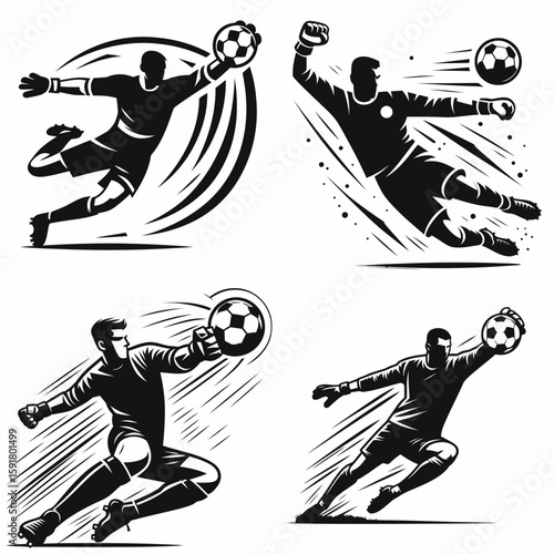 A Soccer goalie punch clearance. Sports Activity Playing Game Athlete Competition Clipart Line Art Vector Illustration. Ball keeper fist block defensive play during the match event.