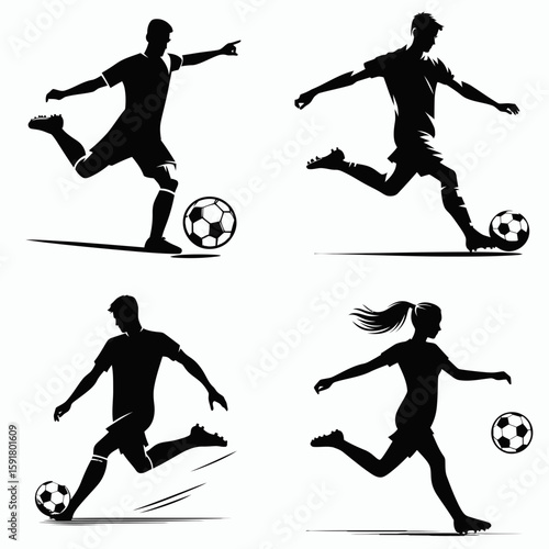 A Soccer player outside foot pass. Sports Activity Playing Game Athlete Competition Clipart Line Art Vector Illustration. Pro using lower leg curve motion to propel ball in sport.