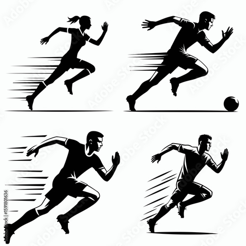 A Soccer player sprint chase. Sports Activity Playing Game Athlete Competition Clipart Line Art Vector Illustration. running pursuit speedy football action quick movement.