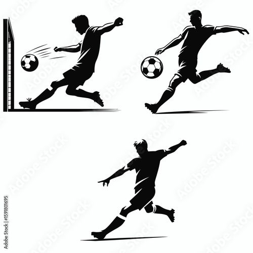 A Soccer striker shooting goal. Sports Activity Playing Game Athlete Competition Clipart Line Art Vector Illustration. Sport forward player kicking ball for score at net.
