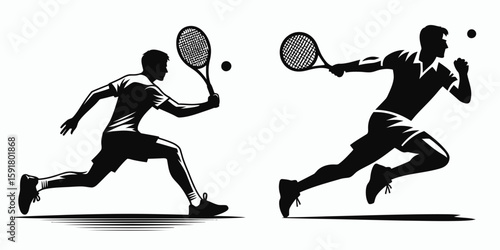 A Tennis player lunge return. Sports Activity Playing Game Athlete Competition Clipart Line Art Vector Illustration. Sport action reaching low to hit ball during court match play.
