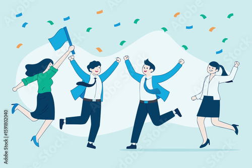 
Flat illustration of diverse office workers jump to celebrate work achievement together representing joy and success 
