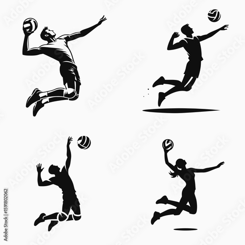 A Volleyball player jump serve. Sports Activity Playing Game Athlete Competition Clipart Line Art Vector Illustration. aerial delivery in match forceful hit overhand motion.