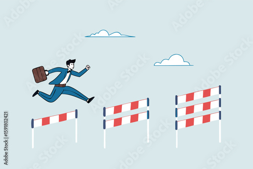 Flat illustration of ambitious businessman jumps over hurdles facing new obstacle achieve success business challenge solve problem 