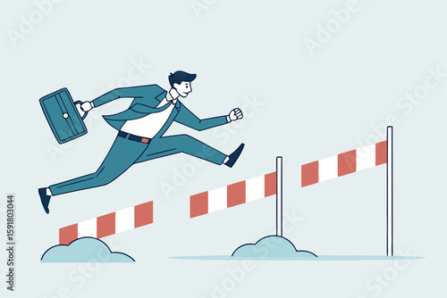 Flat illustration of ambitious businessman jumps over hurdles facing new obstacle achieve success business challenge solve problem 