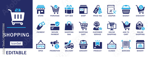 Shopping vector icons for retail store, purchase, sale, and gift graphics. Ideal for e-commerce websites and apps.