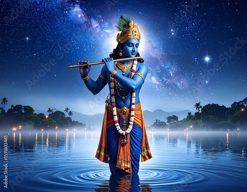 A divine figure plays flute by a serene lake under a night sky