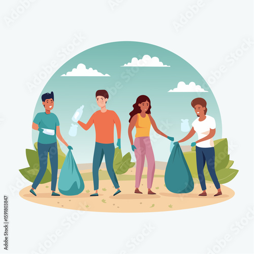Group of diverse volunteers collecting trash, cleaning up the environment, and working together.