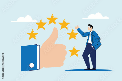 Flat illustration of business owner give big thumb up with five stars symbolizing high quality service 