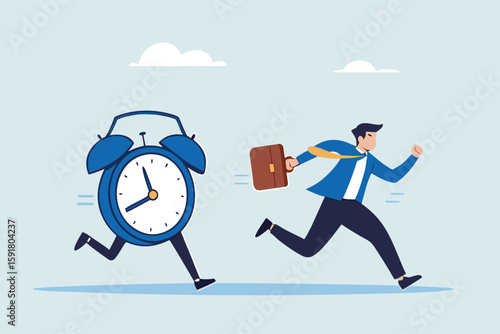 Flat illustration of frustrated businessman run in hurry from clock time symbolizing work late and deadline pressure Artwork