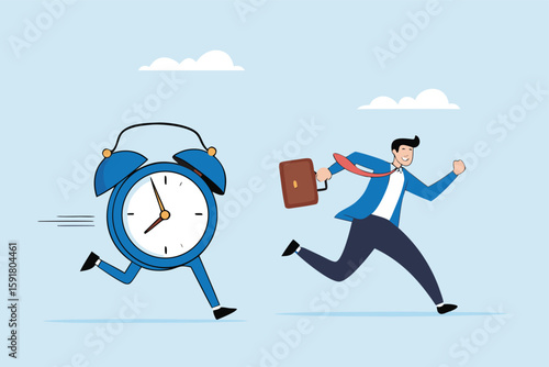 Flat illustration of frustrated businessman run in hurry from clock time symbolizing work late and deadline pressure Artwork
