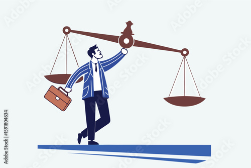 Flat illustration of confident businessman lift ethical balance scale symbolizing principle and business ethics 