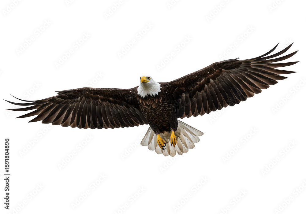 Naklejka premium A majestic bald eagle soars through the air with its wings fully spread against a transparent background