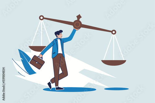 Flat illustration of confident businessman lift ethical balance scale symbolizing principle and business ethics 