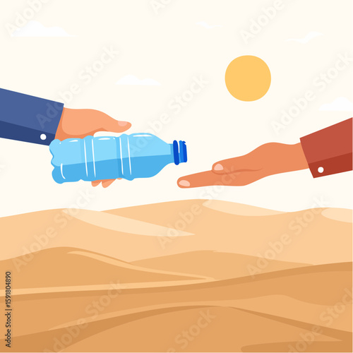 A hand offers a bottle of water to another hand in a desert landscape under a bright sun.