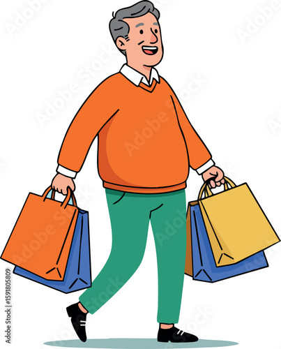 Man Carrying Colorful Shopping Bags Walking Cheerfully Illustration Vector