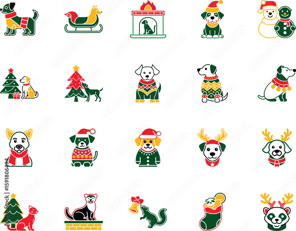 Fototapeta premium Various stylized Christmas icon set featuring dogs, cats, snowmen, squirrels, tree, panda and other animals