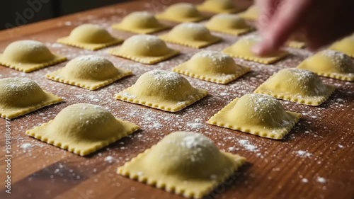 Freshly made ravioli arranged on a wooden surface, dusted with flour, with hands preparing to cook
