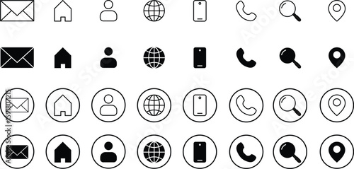 Contact icon set. Thin line and Solid icons vector collection. Web icon set. Phone, name, website, address, location and mail,  fax, info, logo symbol sign pack. Business icon for company.
