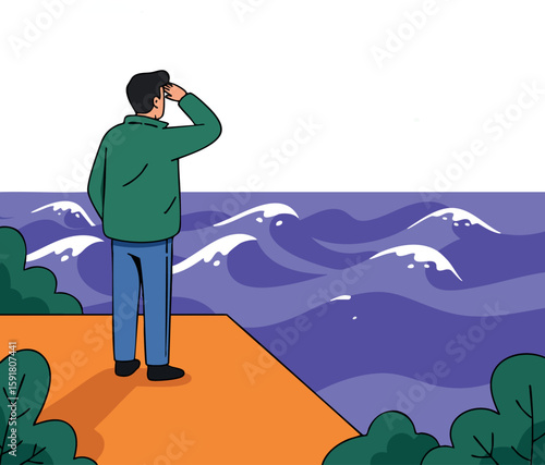 Man in green jacket observing purple sea waves from orange cliff edge vector illustration