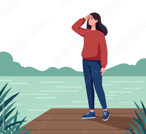 Woman standing on wooden pier looking into distance by lake with green hills vector illustration