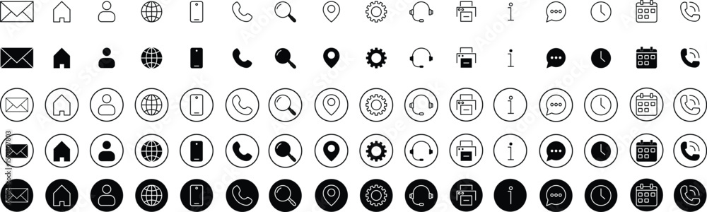 Contact icon set. Thin line and Solid icons vector collection. Web icon set. Phone, name, website, address, location and mail,  fax, info, logo symbol sign pack. Business icon for company.
