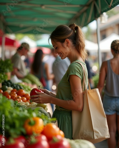 Woman choosing tomato at farmers market