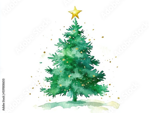 Watercolor Christmas tree with a star on top on a white background, in a cute style with a simple design,a green spruce Christmas tree, with golden sparkles around the tree.