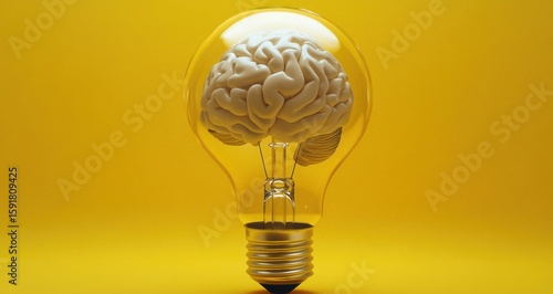 Light bulb with a brain inside on a yellow background, a concept of an idea and innovation. Close-up, ultra-realism