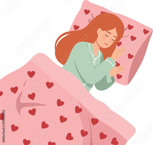Woman peacefully sleeping on heart patterned pink bedding with green pajamas vector illustration
