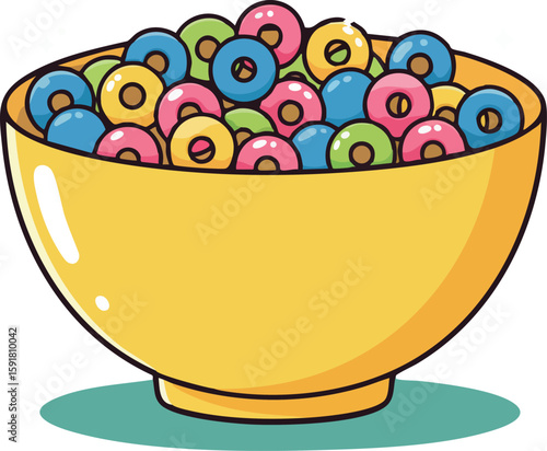 Colorful Breakfast Cereal Bowl with Multicolored Loops in Yellow Bowl Vector Illustration