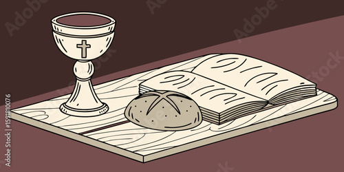 Christian Communion setup on a wooden surface in red background vector illustration.