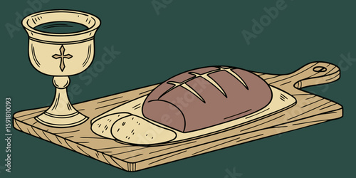 Christian Communion setup on a wooden surface in green background vector illustration.