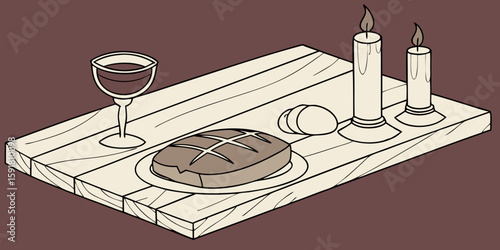 Christian Communion setup on a wooden surface in red background vector illustration.