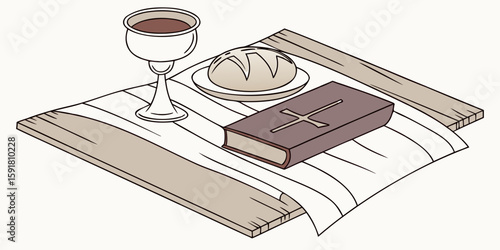Christian Communion setup on a wooden surface in white background vector illustration.