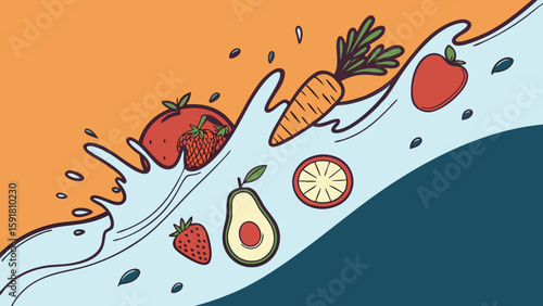 A mix of fresh fruits and vegetables diving into clear blue water, symbolizing health, diet, and freshness isolated on orange background vector illustration.
