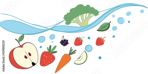 A mix of fresh fruits and vegetables diving into clear blue water, symbolizing health, diet, and freshness isolated on white background vector illustration.
