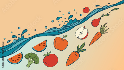 A mix of fresh fruits and vegetables diving into clear blue water, symbolizing health, diet, and freshness isolated on orange background vector illustration.

