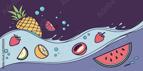 A mix of fresh fruits and vegetables diving into clear blue water, symbolizing health, diet, and freshness isolated on purple background vector illustration.
