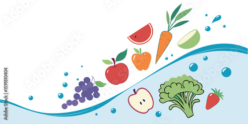 A mix of fresh fruits and vegetables diving into clear blue water, symbolizing health, diet, and freshness isolated on blue white background vector illustration.
