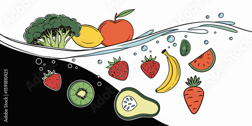A mix of fresh fruits and vegetables diving into clear blue water, symbolizing health, diet, and freshness isolated on black white background vector illustration.
