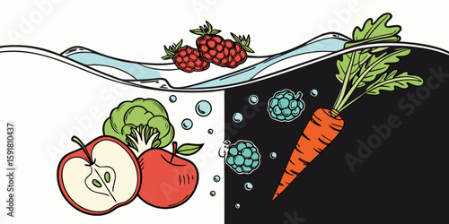 A mix of fresh fruits and vegetables diving into clear blue water, symbolizing health, diet, and freshness isolated on black white background vector illustration.

